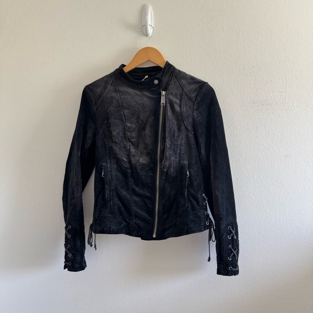 Free People Black Lacey Corset Velvet Lace Up Moto Jacket size Small - Picture 3 of 9